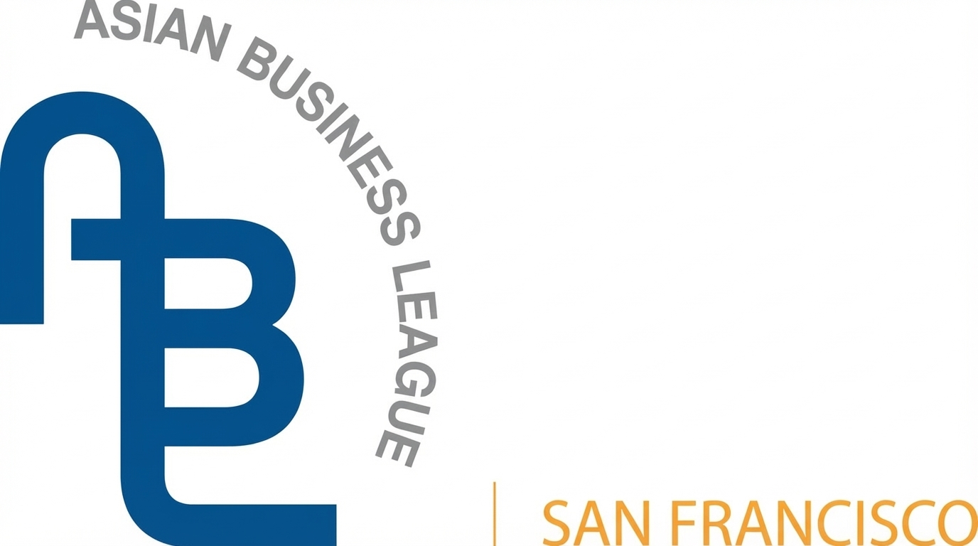 Logo of the Asian Business League of San Francisco. The design features a blue, stylized monogram where the letters A, B, and L are interconnected. The text "Asian Business League" curves in an arc above the monogram, and the words "San Francisco" appear in gold at the bottom right.