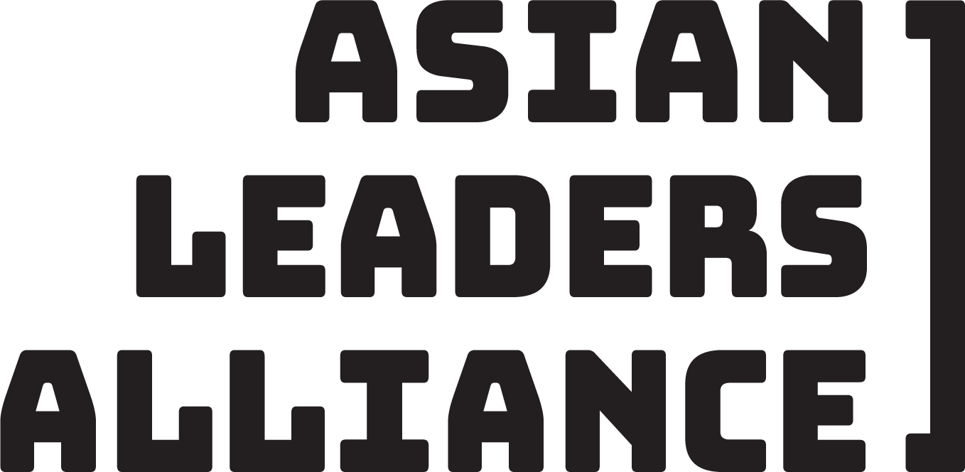 Asian Leaders Alliance Logo (each work on a new line, aligned to the right) in black with a bracket that is on the right that spans from the first line to the last line.