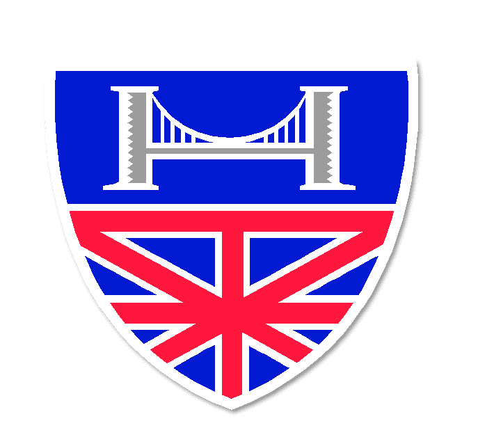 Logo of the Hawai'i Chamber of Commerce of Northern California (HCCNC): a shield divided horizontally, featuring a stylized gray suspension bridge (representing Northern California) whose towers form the letter 'H' (for Hawai'i) on a blue field, above a stylized design of the Union Jack which represents the canton of the Hawaiian state flag.
