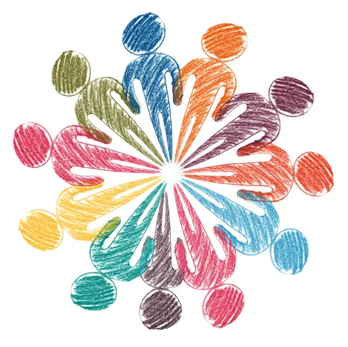 Outlines of people in a circle with their feet touching and holding the hands of the person on either side. Colored with crayon texture and the colors of dark blue, burnt orange, plum, red, aqua, brick, brown, turquoise, yellow, red, and pine needle green. 