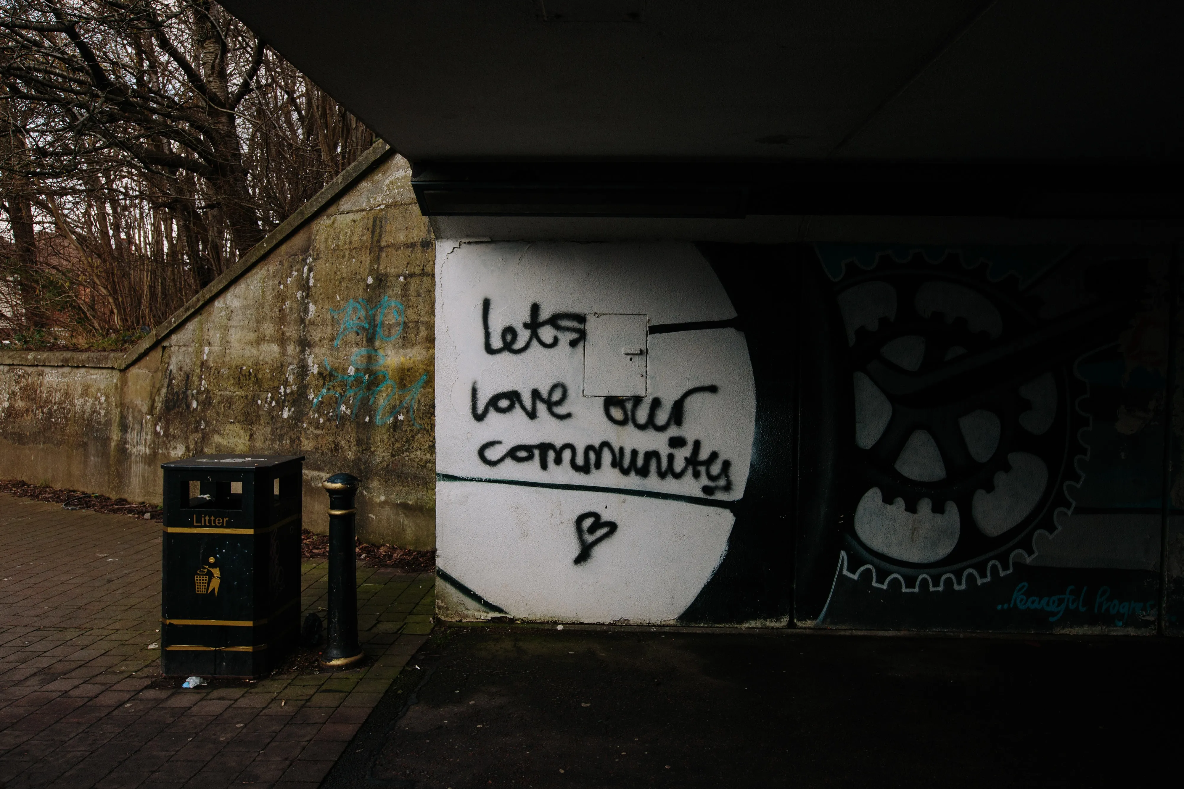 Photo Credit: Mike Erskine for Unsplash.com
Image of a pedestrian underpass found in a large English park in London. Graffiti in black on a white background reads: We Love Our Community (heart symbol). Ol the left is a public rubbish bin with the outward spread of concrete forming an angled entrance behind the bin. 